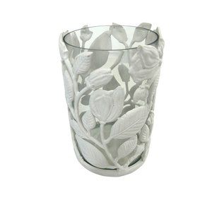 Anthropologie Candle Holder White Painted Metal Floral Leaf Glass 8.75" Gift Her